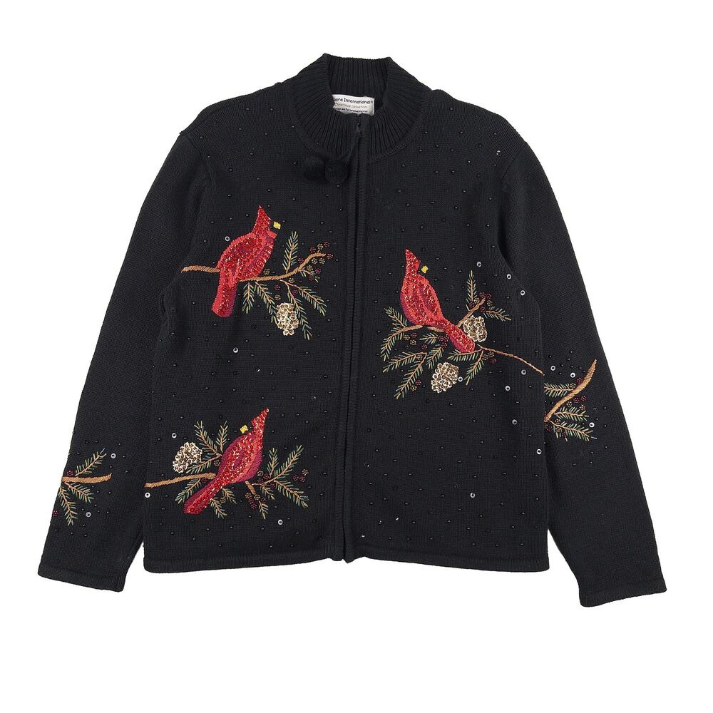Tiara Int Holiday Cardigan VTG Women L Black Cardinal Beaded Embroidered Festive